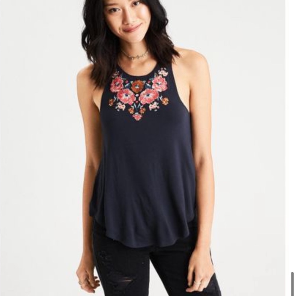 XS AEO tank top grey floral embroidered sleeveless